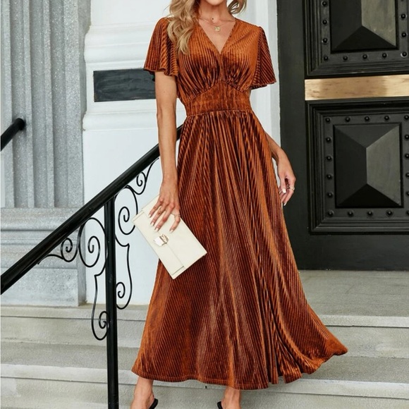 Luxe burnt orange velvet V neck butterfly sleeve dress LAST FEW Luxe burnt orange velvet V neck butterfly sleeve dress LAST FEW